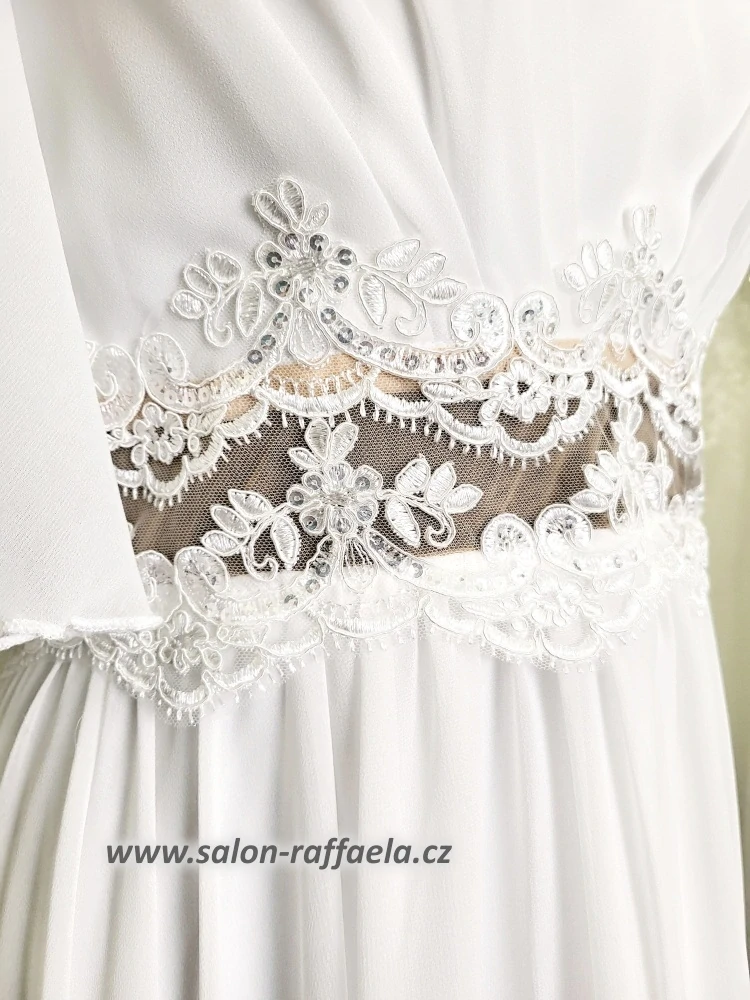 Jednoduché svatební šaty antického střihu s krajkou v pase Lotos II (vel. 48)