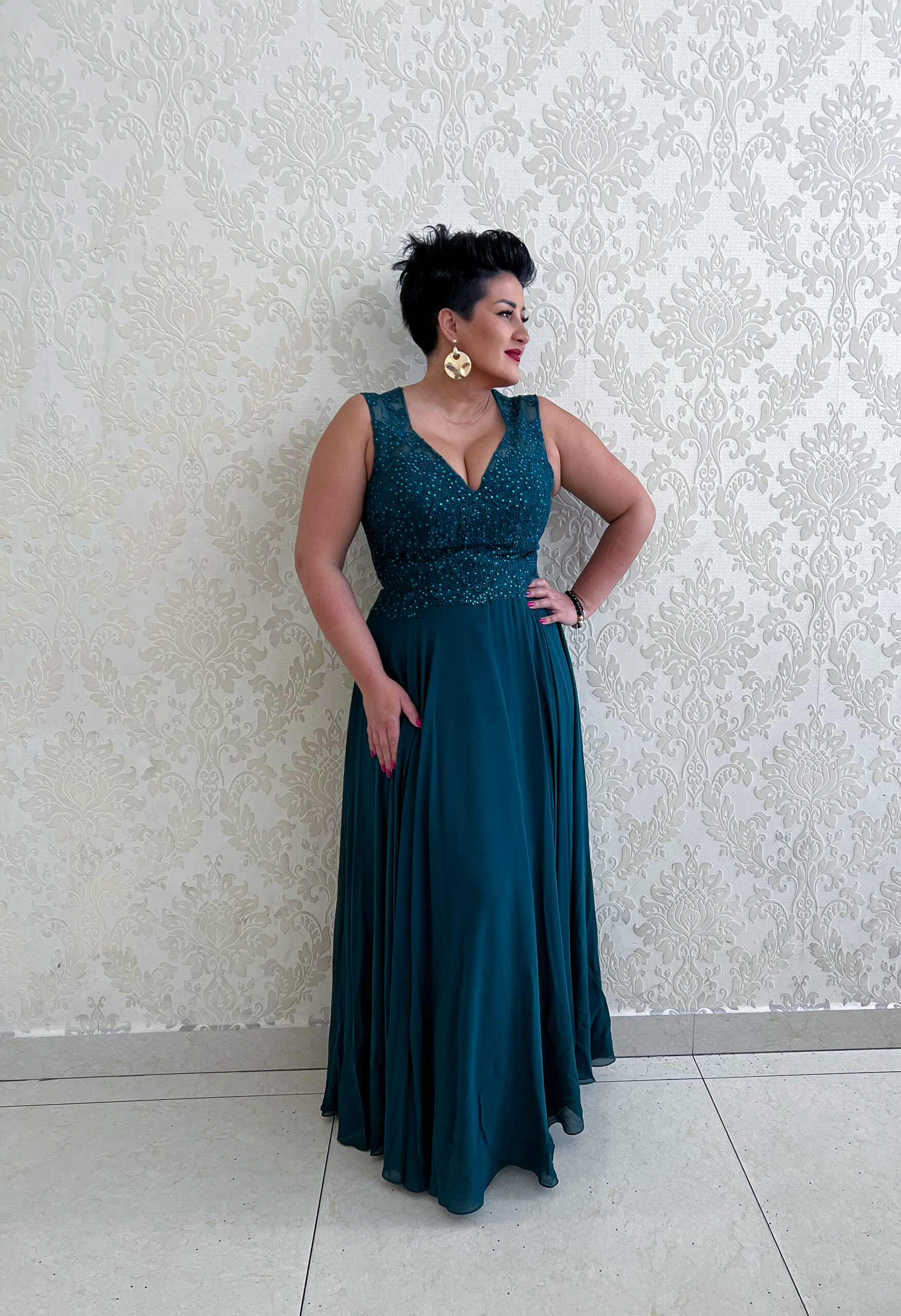 Petrolejové šaty s kamínkovým topem se všitou podprsenkou Ponte (vel. 34, 36, 40)