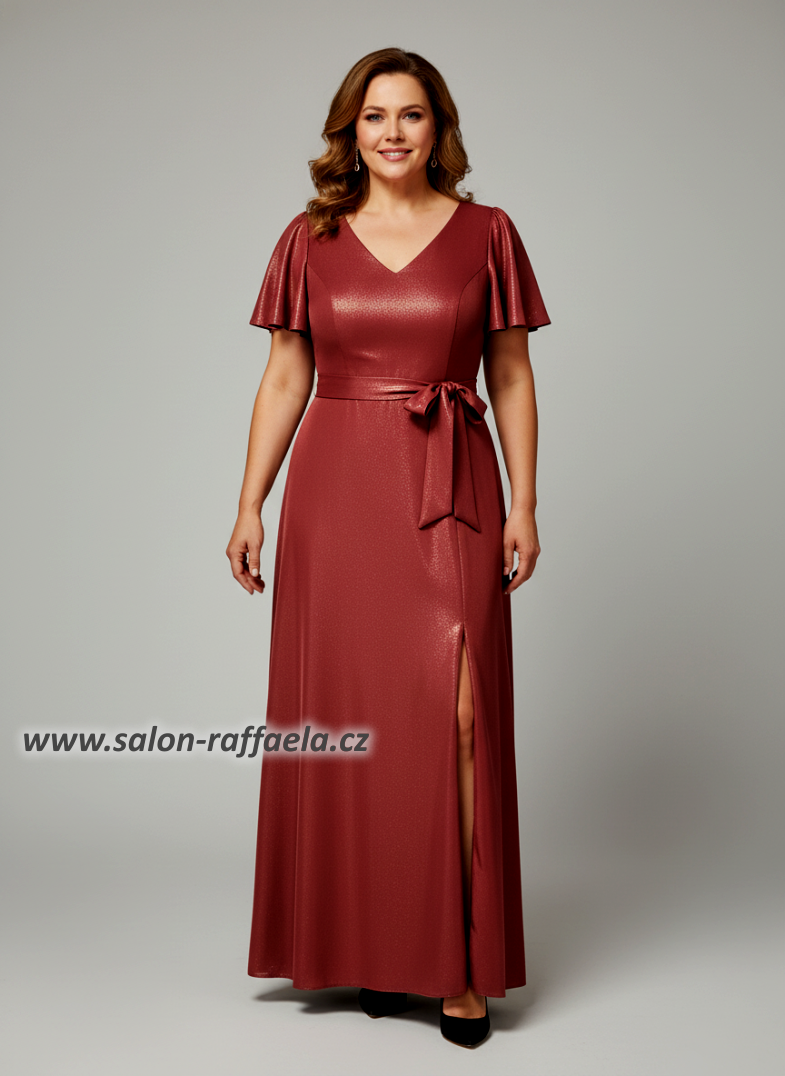 Mírně třpytivé vínové šaty Mumbai jednoduchého střihu pro s rukávkem  (vel. 44 a 46)
