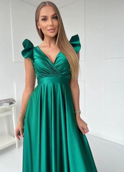 Zelené saténové šaty s motýlkovými rukávky Lipik (vel. 36)