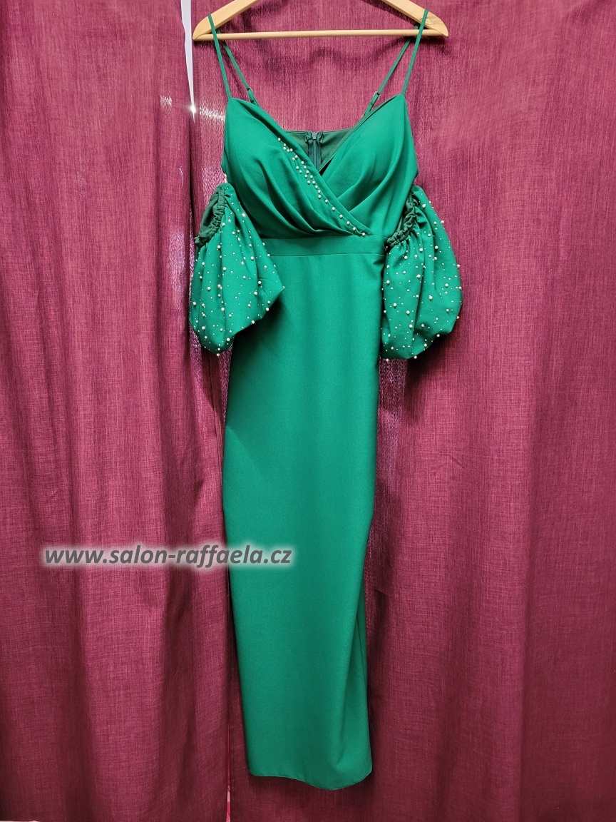 Tmavě zelené šaty rovného střihu s balonovými rukávky Raffaela V (vel. 36)