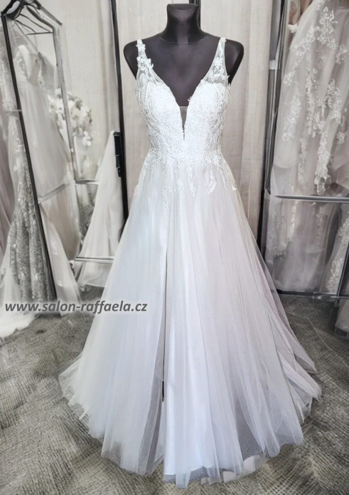 Svatební šaty Lenu s třpytivou sukní s rozparkem (vel. 40)