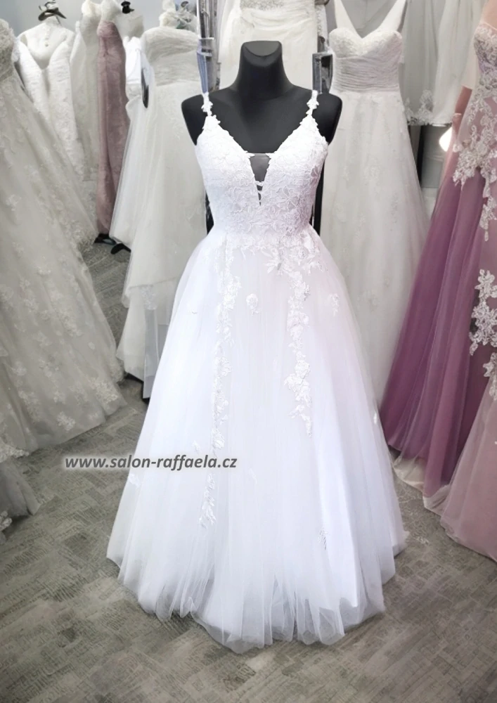 Svatební šaty s krajkovým topem a tenkými ramínky Alcaraz (vel. 38)