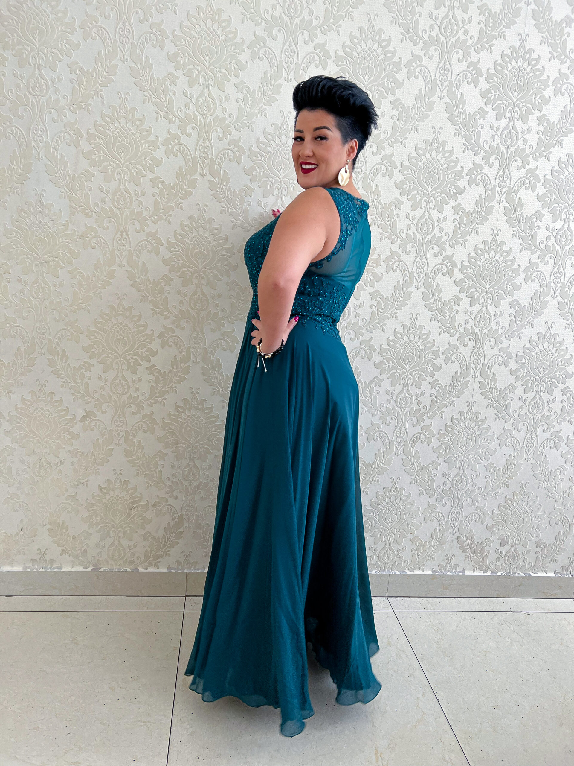 Petrolejové šaty s kamínkovým topem se všitou podprsenkou Ponte (vel. 34, 36, 40)