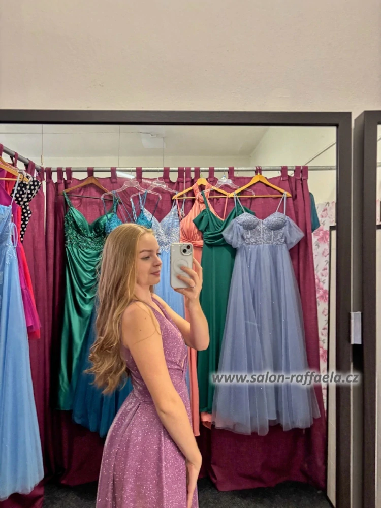 Fialkové třpytivé šaty Tain II s rozparkem (vel. 36)