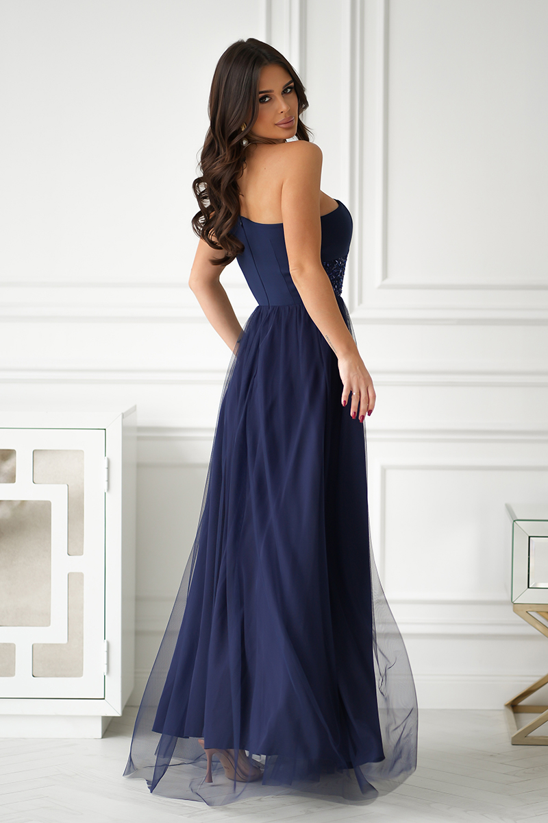 Tmavě modré společenské šaty na jedno rameno Romi (vel. 40)