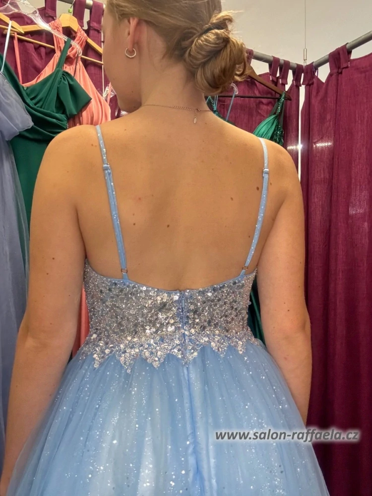 Blankytně modré šaty s třpytivou sukní a flitrovým topem Avila (vel. 34, 38)