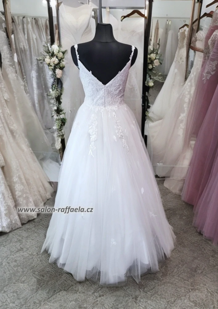 Svatební šaty s krajkovým topem a tenkými ramínky Alcaraz (vel. 38)