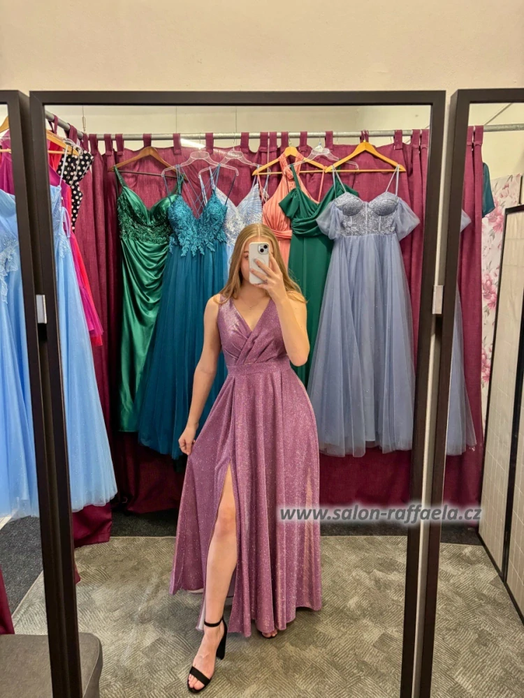 Fialkové třpytivé šaty Tain II s rozparkem (vel. 36)