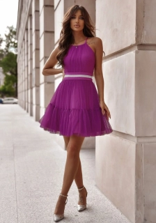 Kokjtelové fuchsiové šaty s tylovou sukní a páskem Orfa (vel. 36)