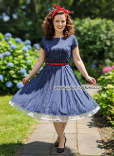 Velmi pružné šaty s jemnými bílými puntíky a červeným páskem Retro 103 (vel. 44 - 50)