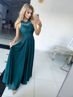 Tmavě zelené společenské šaty ke krku s propínacími zády Tigran (vel. 38)