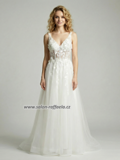 Svatební šaty Asmara s 3D květinovými aplikacemi po celém topu a jemně třpytivou sukní (vel. 38)