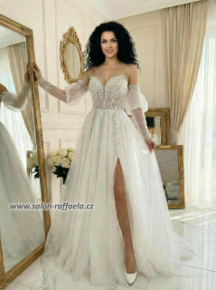 Svatební šaty Argusto s korzetem bez ramínek a odnímatelnými rukávky (vel. 38)