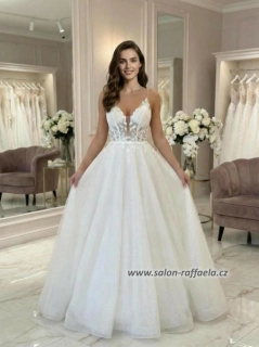 Svatební šaty Marys s tenkými ramínky a třpytivou sukní bez rozparku (vel. 38)